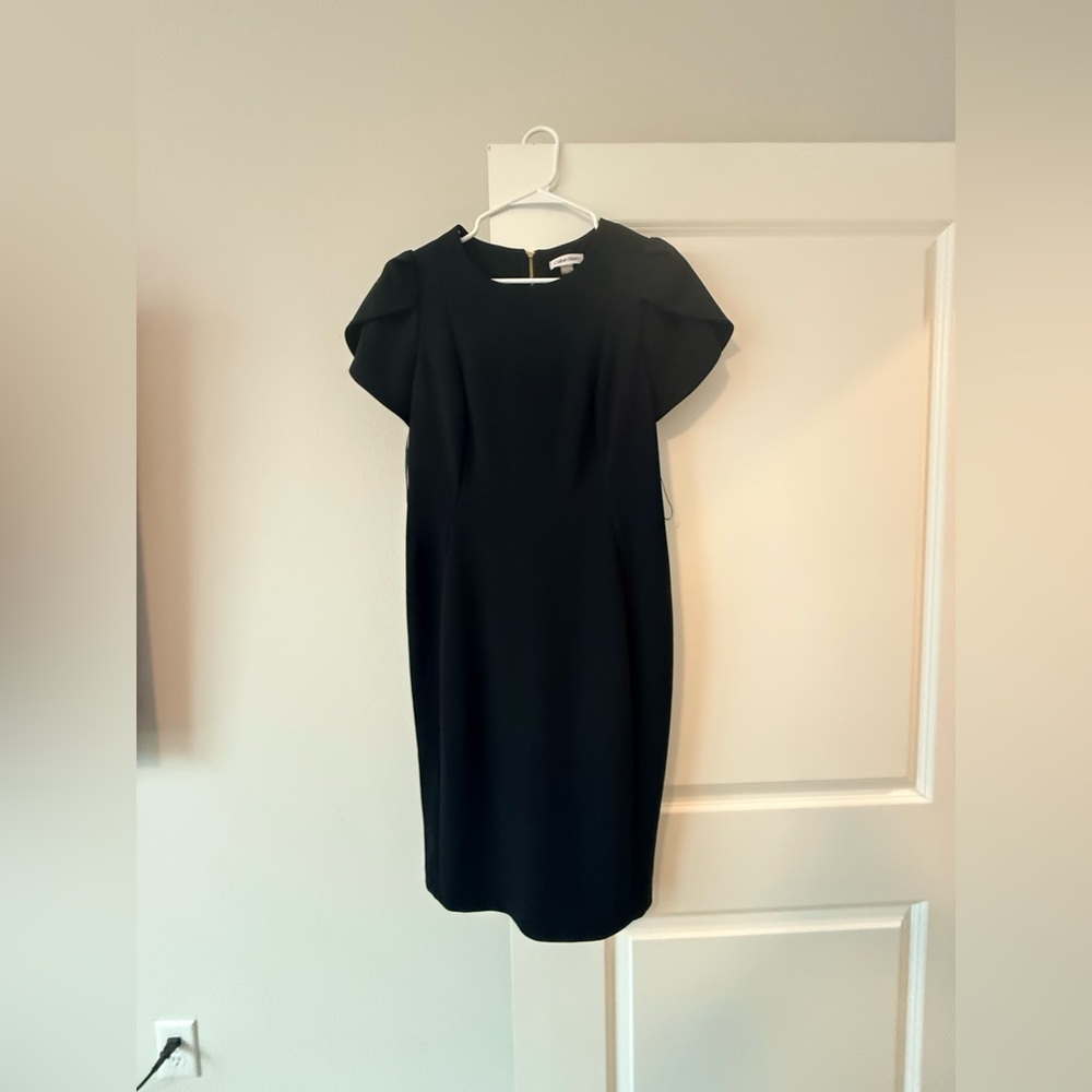 Calvin Klein Black Midi Sheath Dress with Statement Cap Sleeves - Picture 7 of 8
